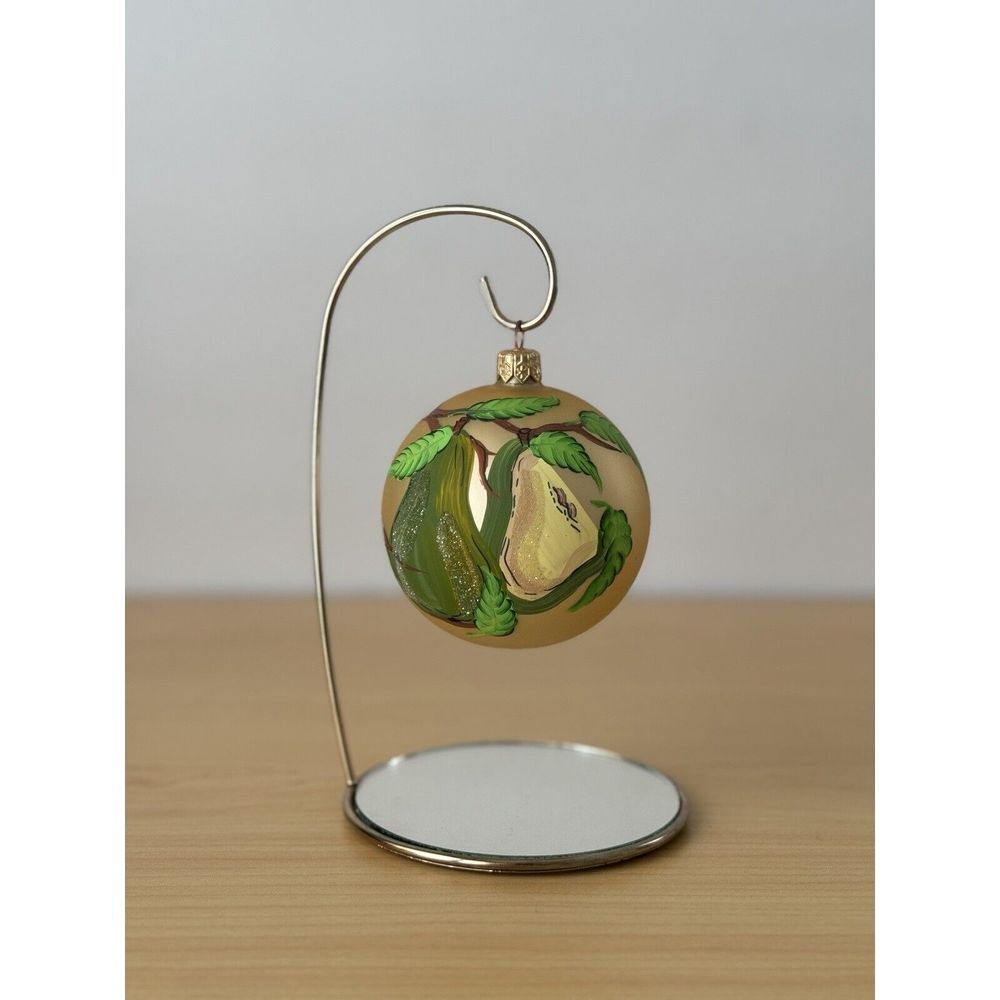 Vtg Christmas Ornament Hand Painted Pear Fruit Gold Glitter Sugared Frosted Gold